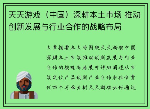 天天游戏（中国）深耕本土市场 推动创新发展与行业合作的战略布局